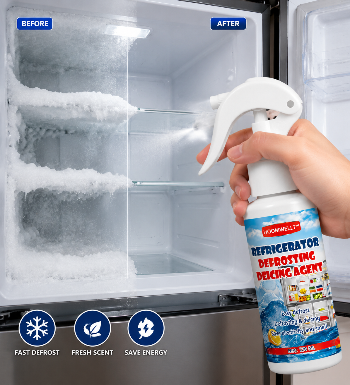 🧊 Defrosting Spray for Fridge Freezer,Powerful Refrigerator Defrost Spray,Fridge Deodoriser