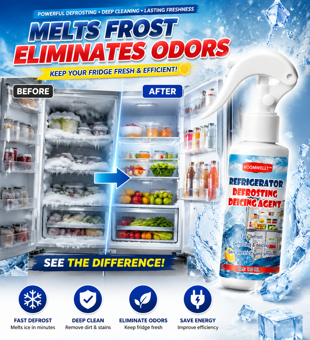 🧊 Defrosting Spray for Fridge Freezer,Powerful Refrigerator Defrost Spray,Fridge Deodoriser